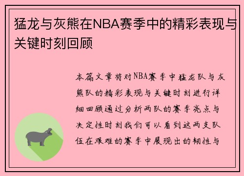 猛龙与灰熊在NBA赛季中的精彩表现与关键时刻回顾