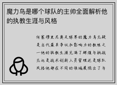 魔力鸟是哪个球队的主帅全面解析他的执教生涯与风格